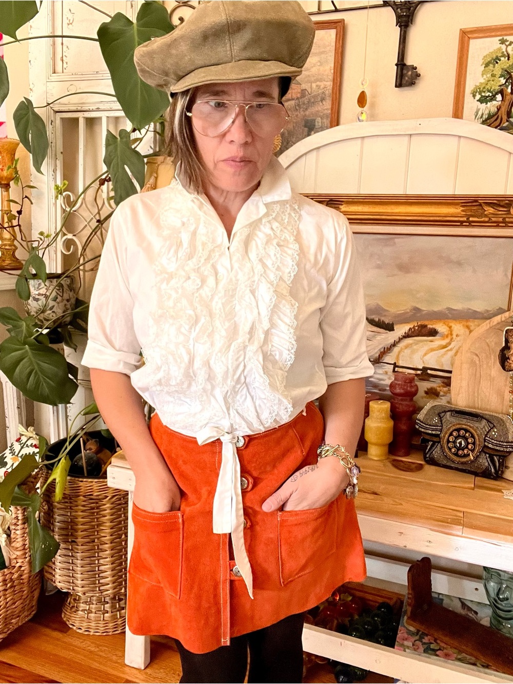 Vintage Handmade Whit Cotton Ruffle Lace Cropped Tie Front Blouse Top